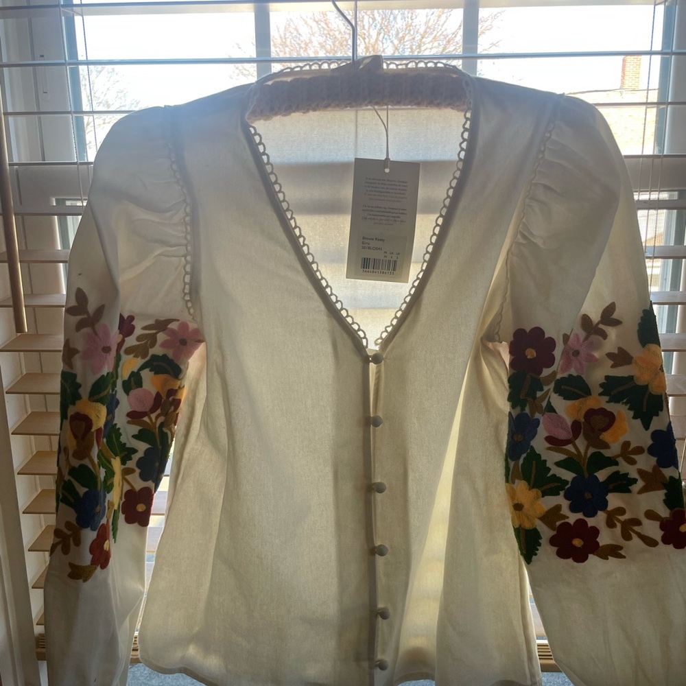 Sezane Reety White Button-Down Blouse with Multicolor Floral Embroidery - Picture 7 of 9